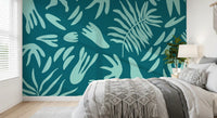 Abstract leaf wall mural with teal background and soft aqua shapes