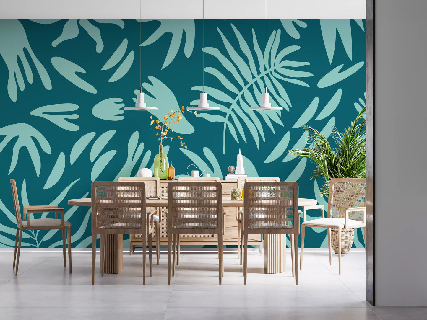 Nature-inspired wall mural with abstract leaves and deep teal base