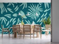 Nature-inspired wall mural with abstract leaves and deep teal base