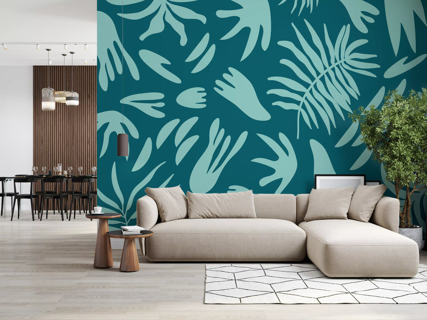 Modern leaf abstract wall mural with flowing shapes and clean pattern