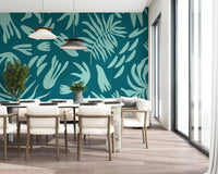 Decorative leaf wall mural with soft aqua tones and simple layout