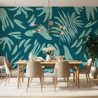 Aqua leaf wall mural in a dining room with modern botanical design