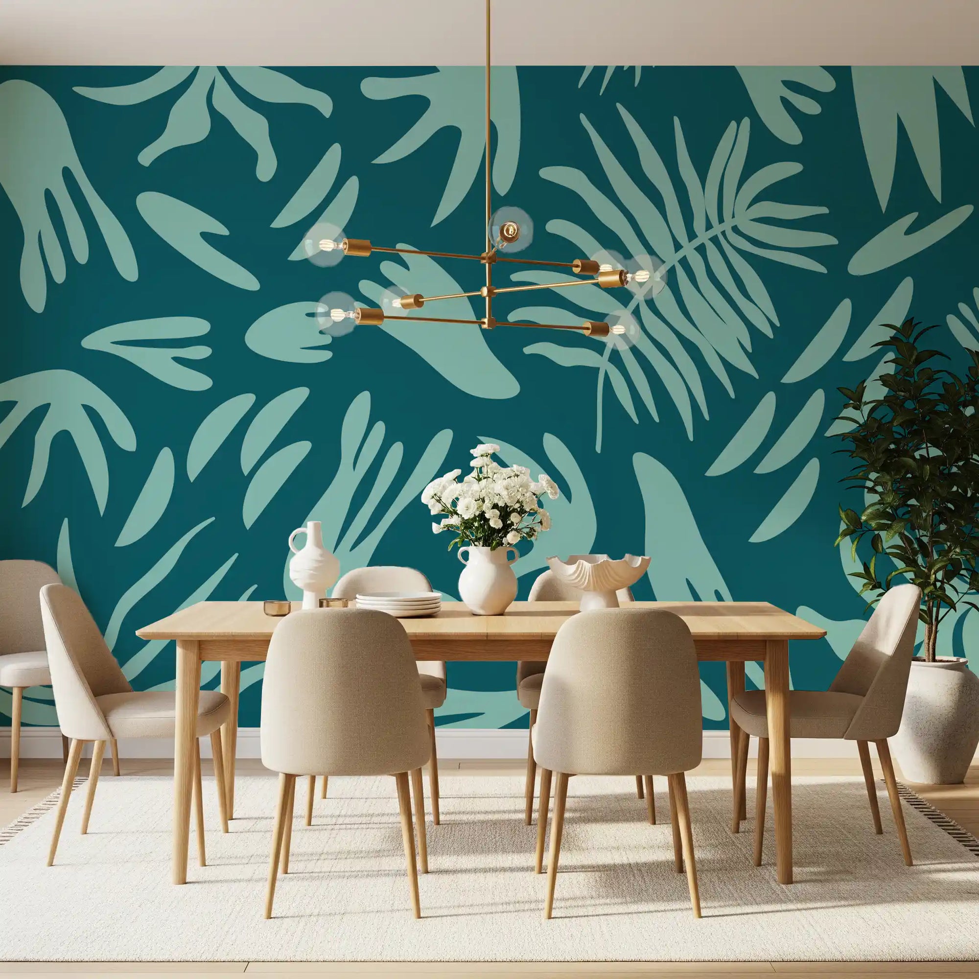 Aqua leaf wall mural in a dining room with modern botanical design