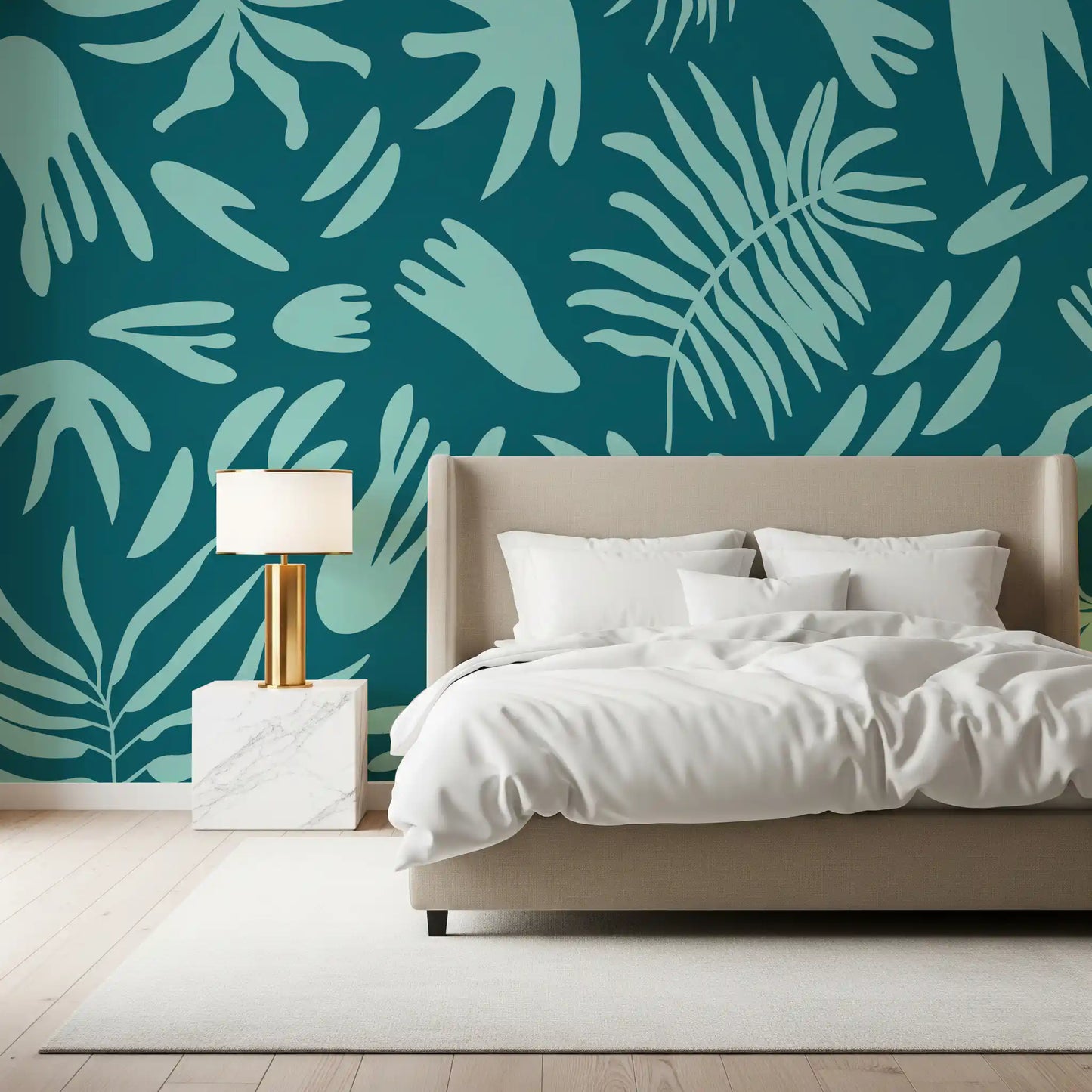 Botanical abstract wall mural in a bedroom with aqua leaf shapes