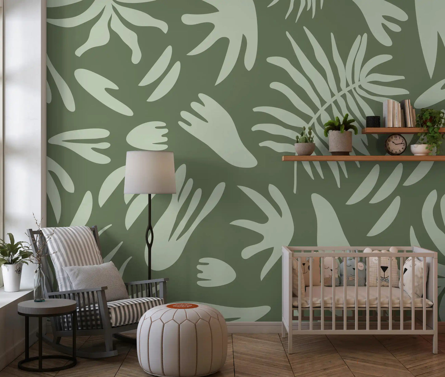 Pattern wall mural with tonal green flow contrast and soft shapes