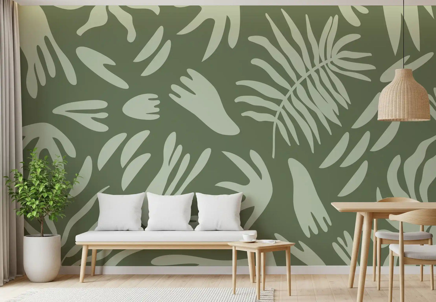 Organic Green Flow wall mural in a dining room with modern botanical style