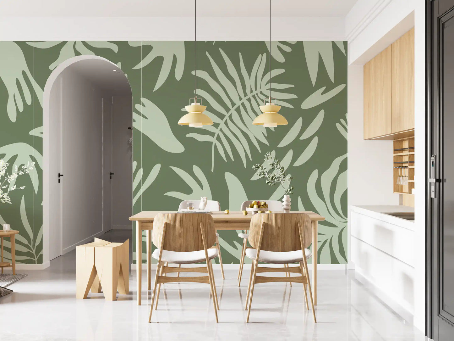 Green abstract wall mural with layered leaf-like silhouettes