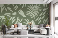 Modern green flow wall mural with abstract botanical elements