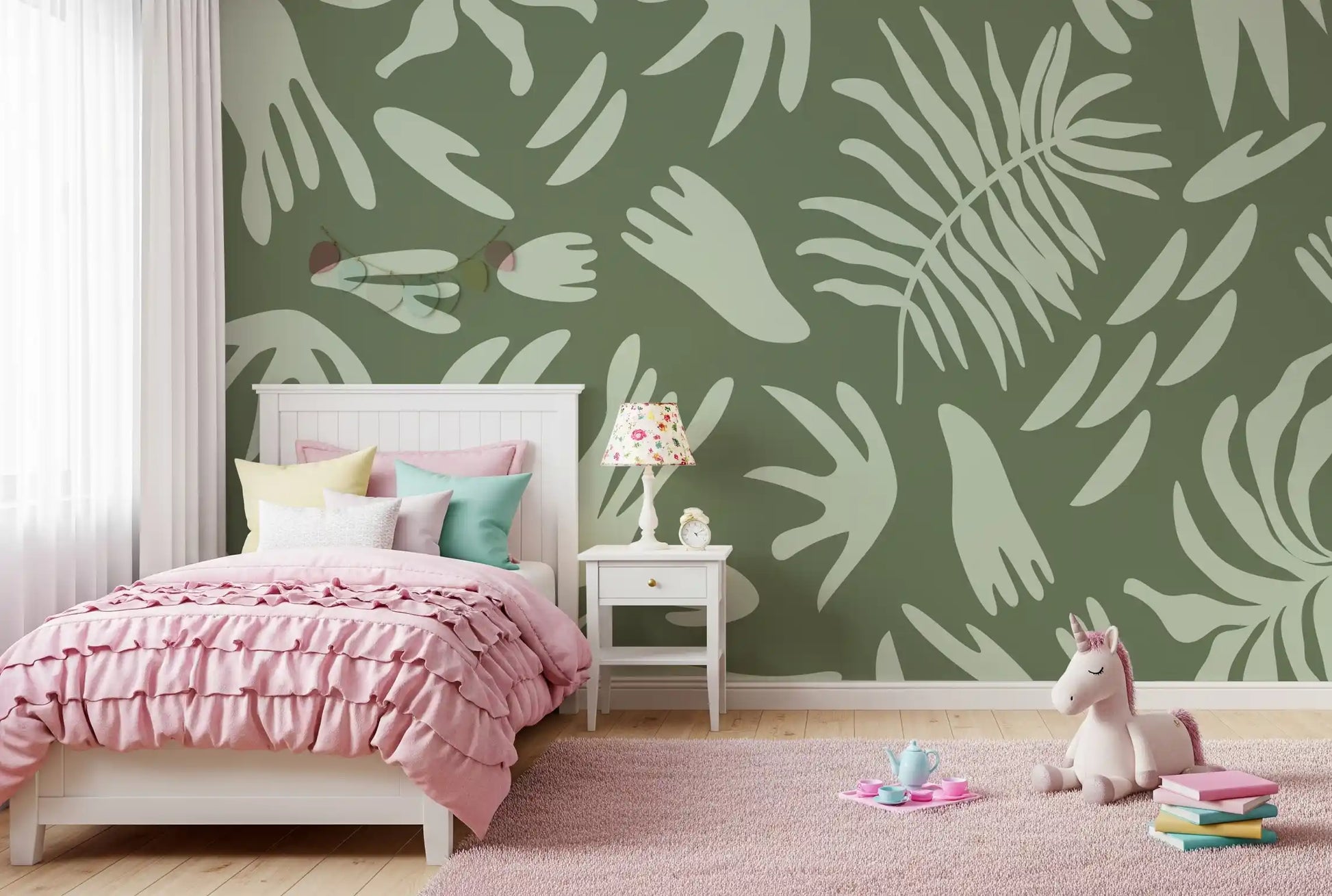 Botanical flow wall mural with olive base and sage shapes