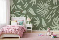 Botanical flow wall mural with olive base and sage shapes