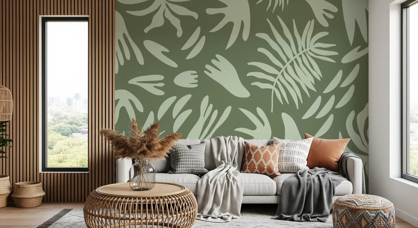 Organic Green Flow wall mural in a living room with abstract leaf shapes