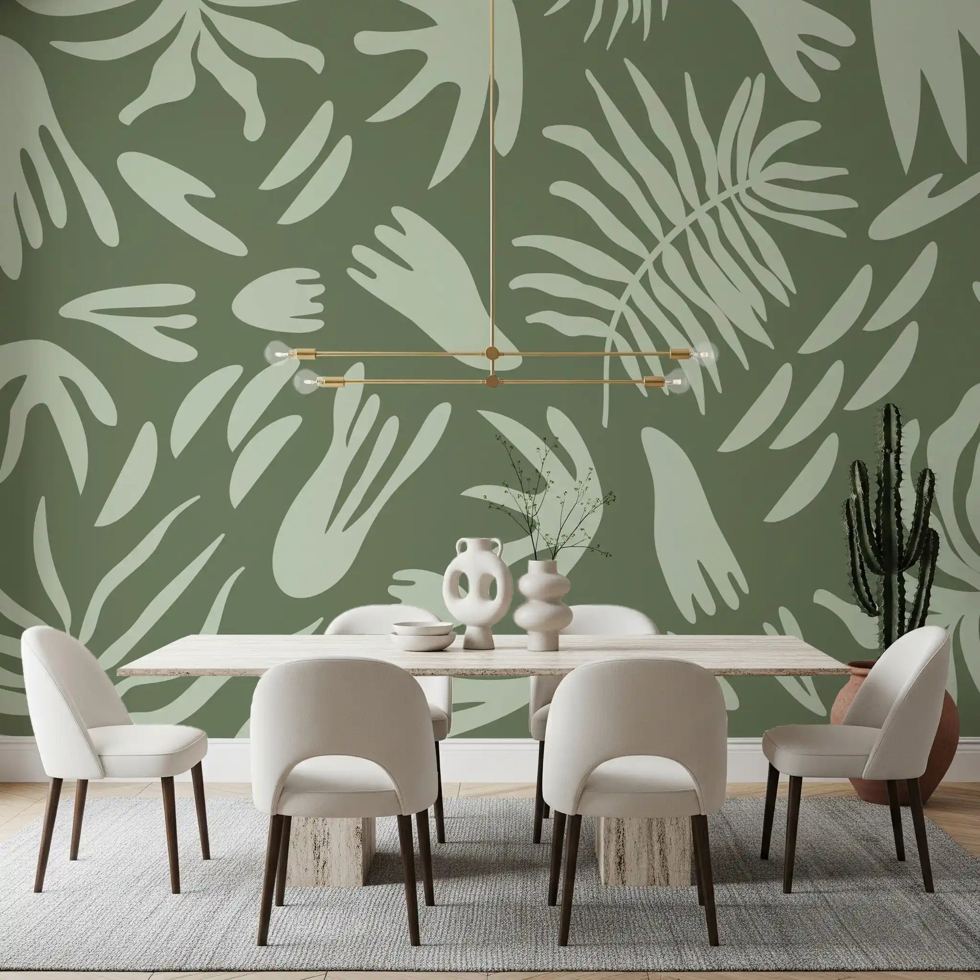 Botanical green wall mural in a dining room with sage and olive tones