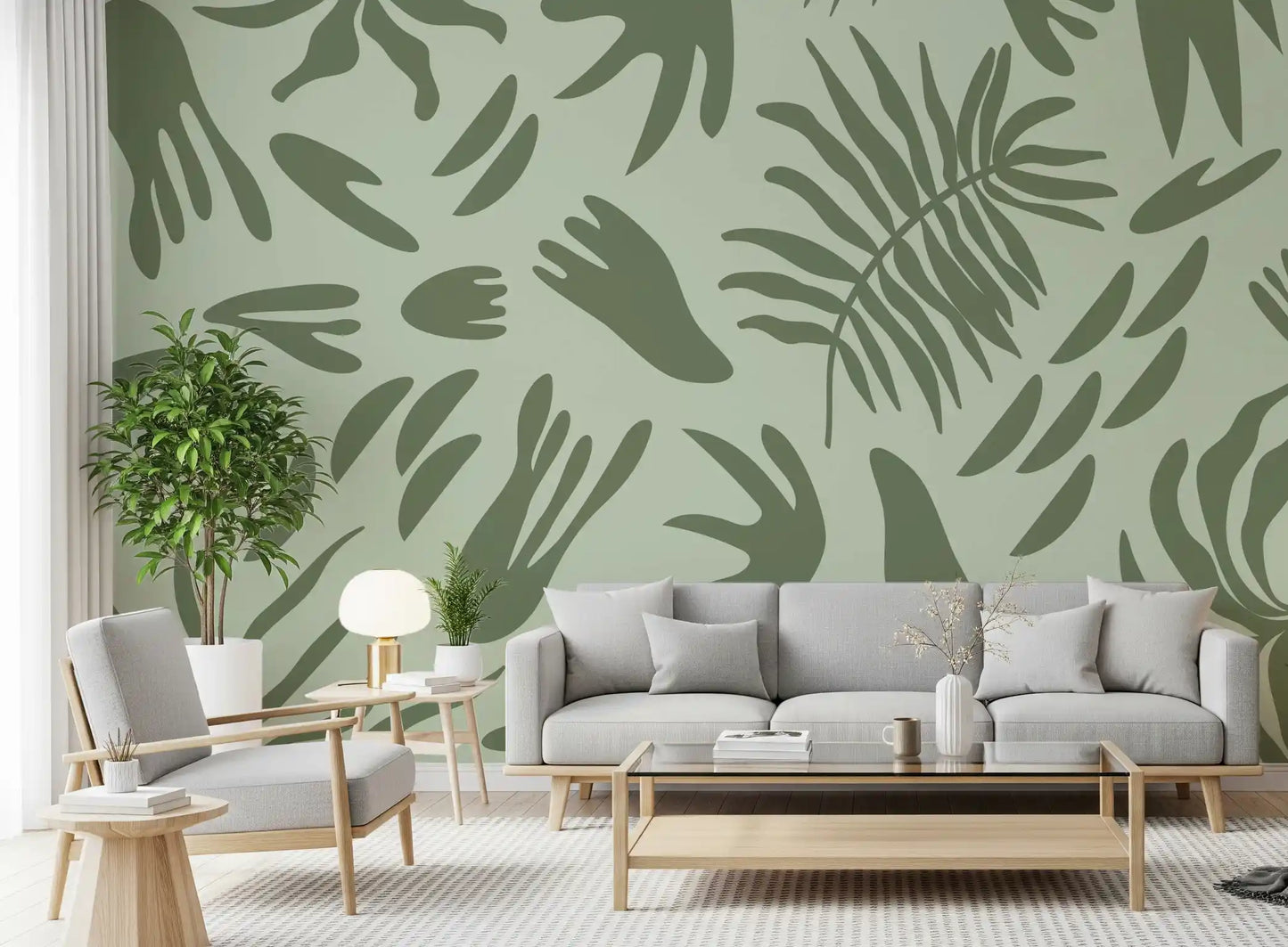 Verdant Shapes Harmony wall mural in a living room with green abstract leaves
