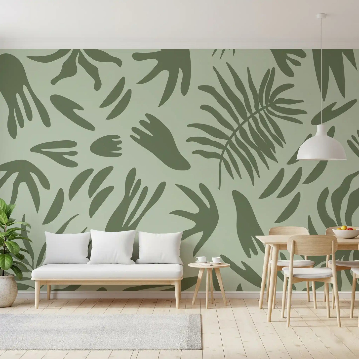 Abstract green wall mural with leaf-like shapes and soft base
