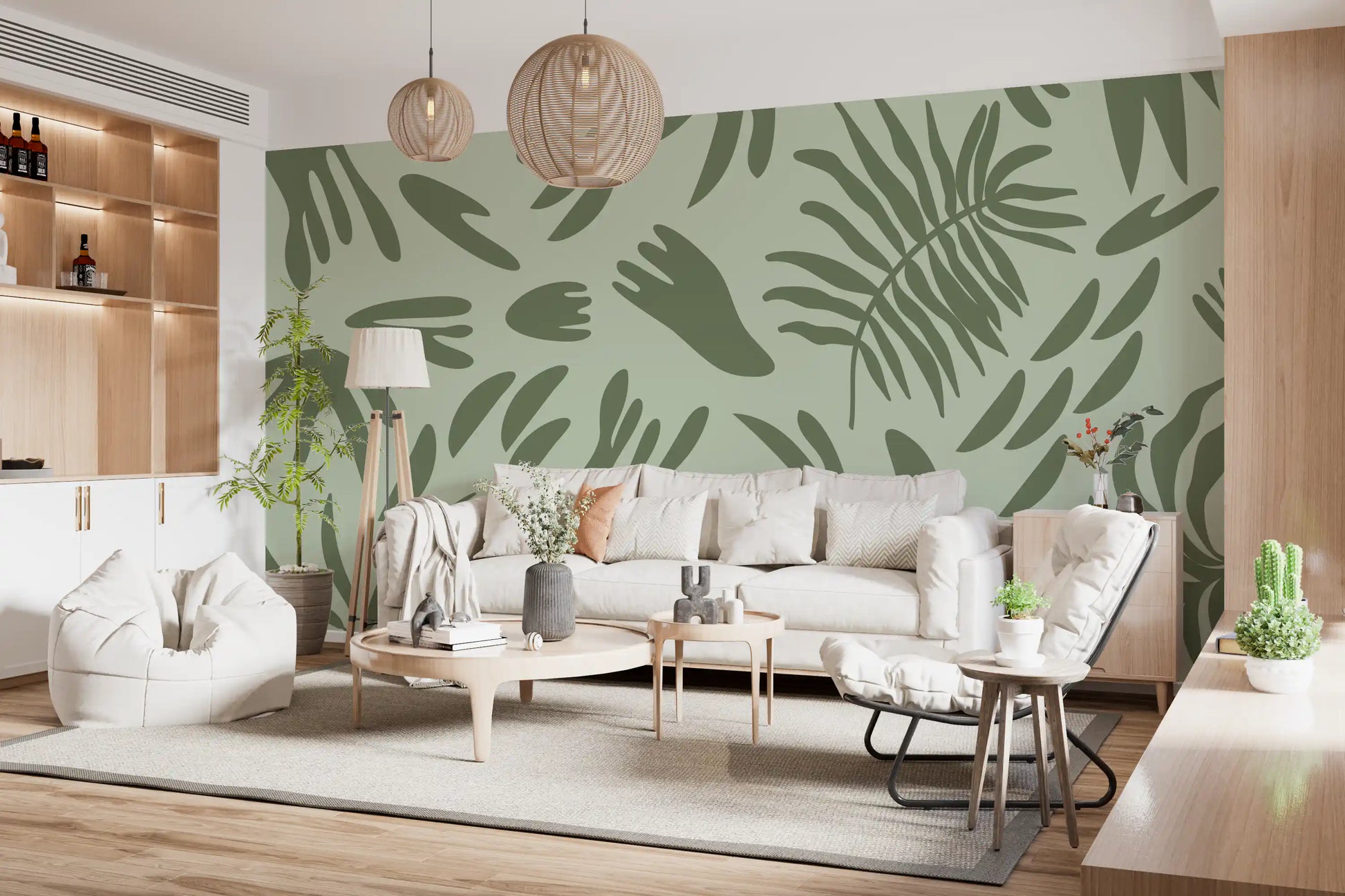 Green pattern mural for a hallway with organic leaf shapes