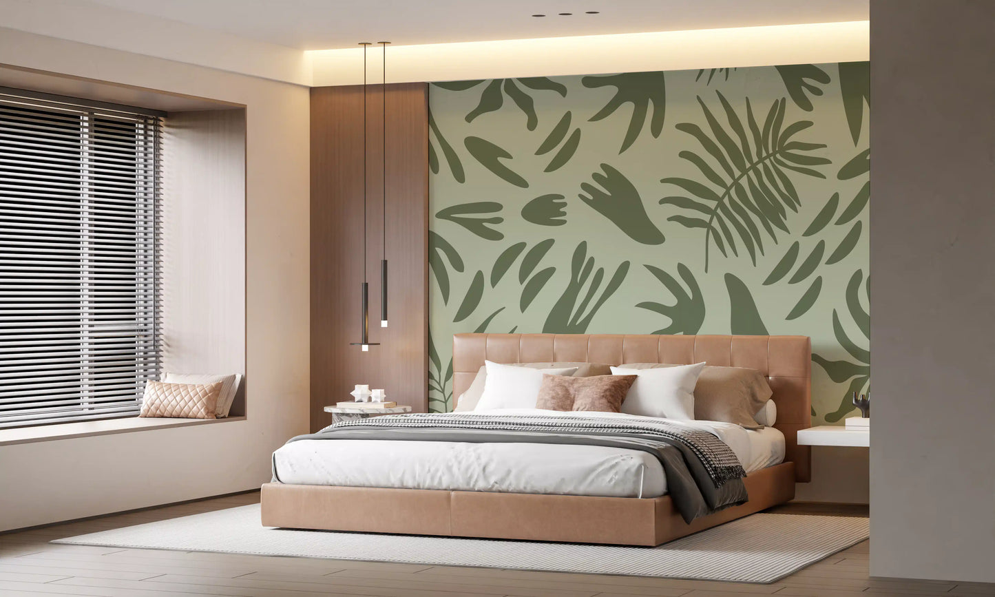 Minimal botanical Shapes Harmony mural with layered green forms and clean layout
