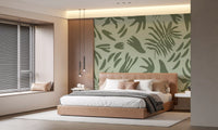 Minimal botanical Shapes Harmony mural with layered green forms and clean layout