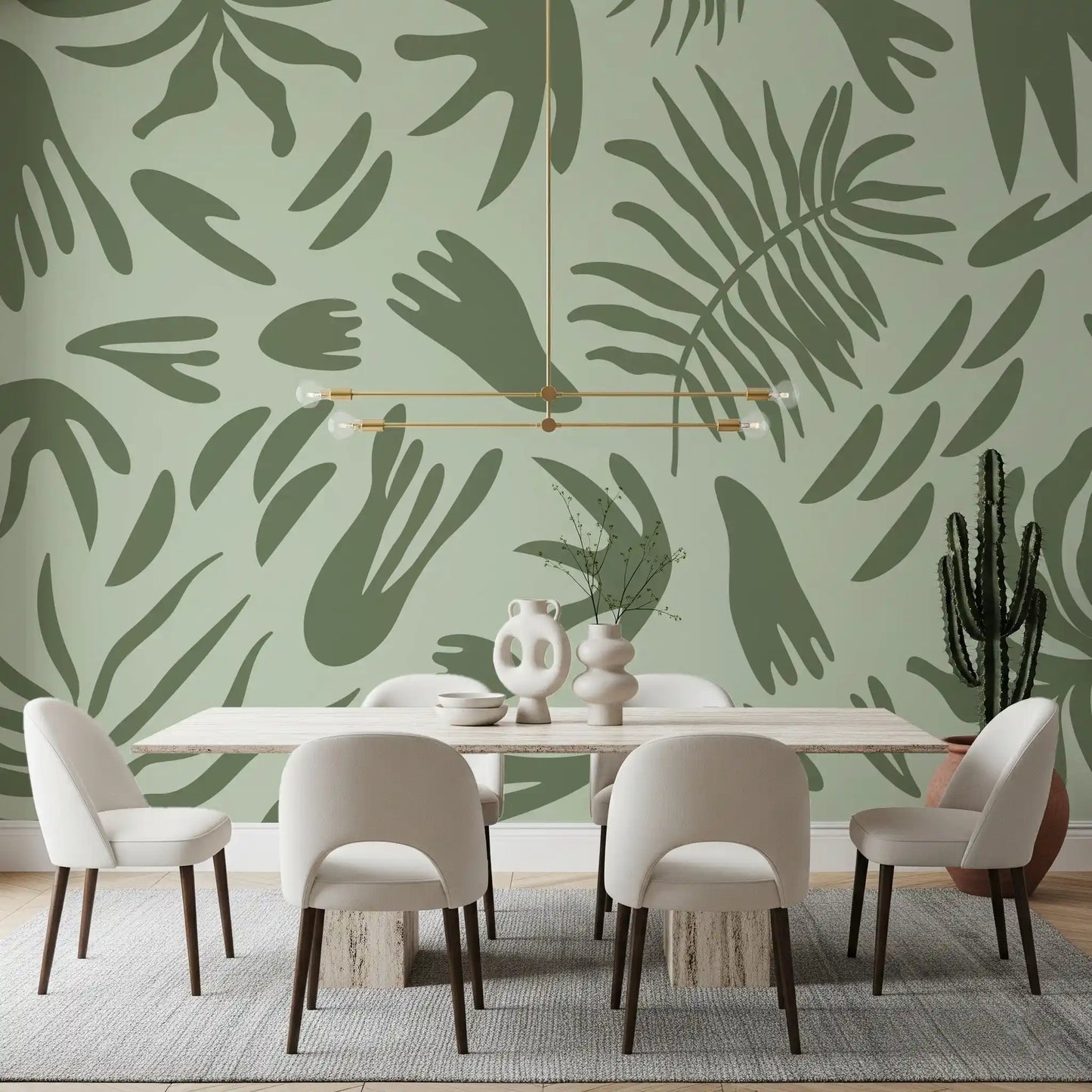 Modern green Shapes wall mural with abstract botanical elements