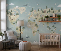 Map wall mural with wildlife icons and clean blue background