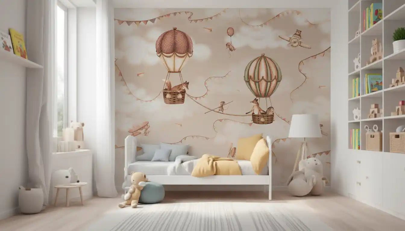 Aviation Adventure Mono wall mural hot air balloons kids room decor