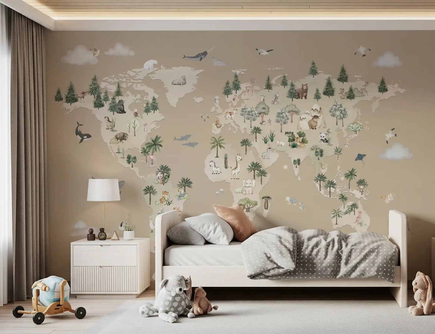 Nature map wall mural with wildlife, forests, and ocean animals