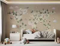 Nature map wall mural with wildlife, forests, and ocean animals