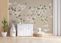 World animal wall mural with continents, trees, and illustrated species