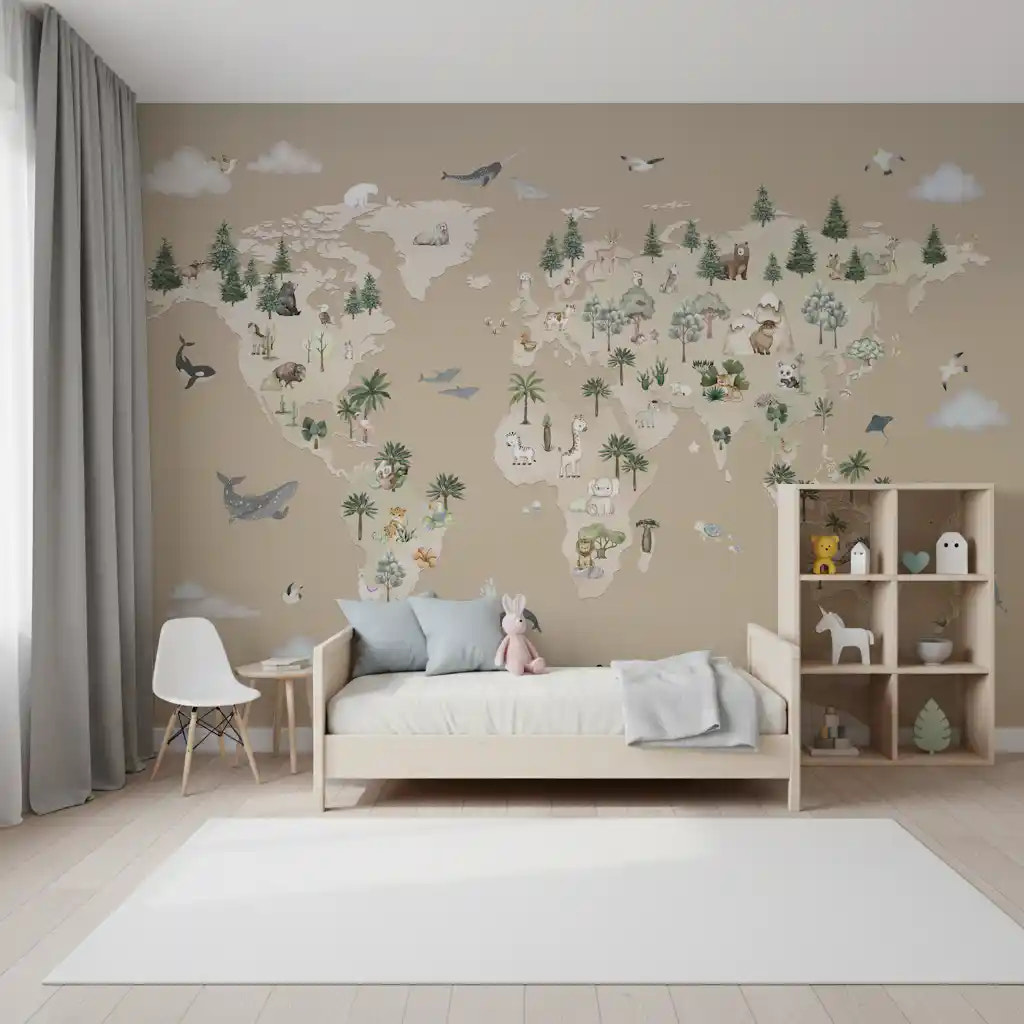 World map animal wall mural in a bedroom with continents and animals