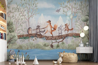 Animal Adventure wall mural in a kids room with woodland animals on tree branch