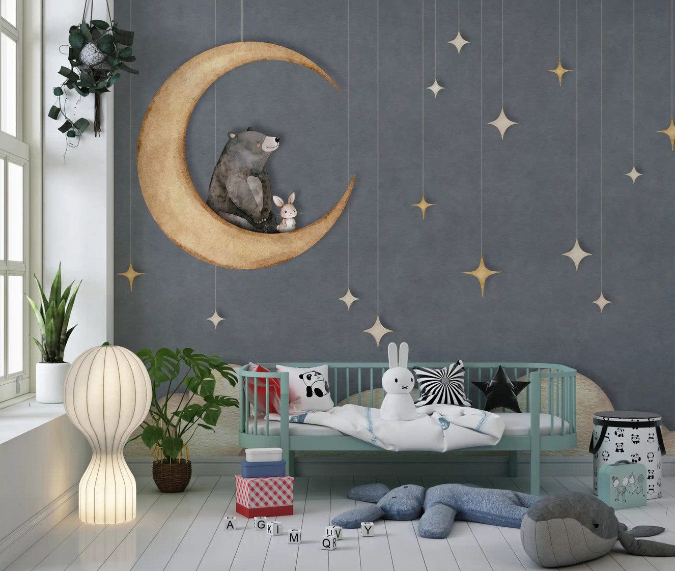 Bear on The Moon Blue wall mural in a play room with crescent moon and stars