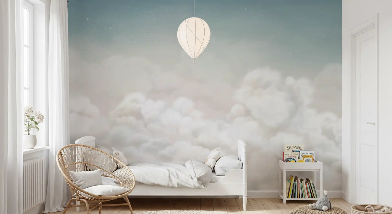Soft blue sky wall mural with layered clouds in a girls room setting
