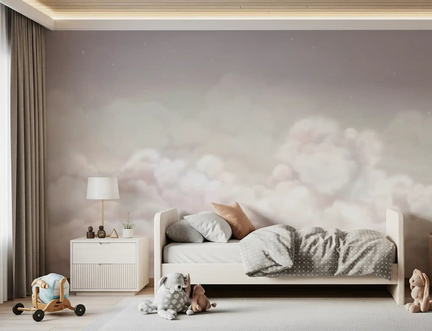 Cloud-themed wall mural with blush tones and light airy composition