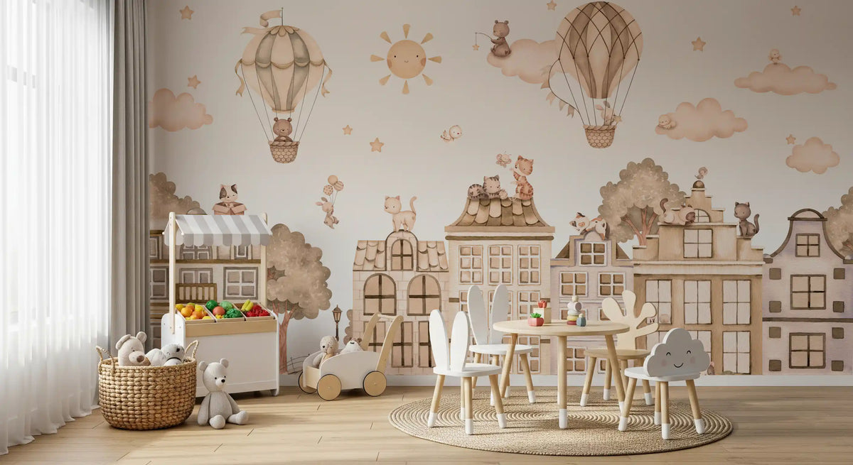 City Cats Mono wall mural in a play room with neutral buildings and hot air balloons
