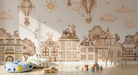 Neutral city wall mural for a hallway with cats and architectural skyline