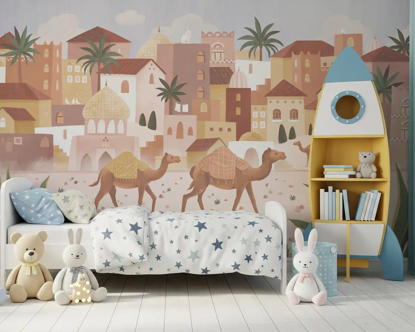 Desert-themed wall mural with camels, palm trees, and architectural details
