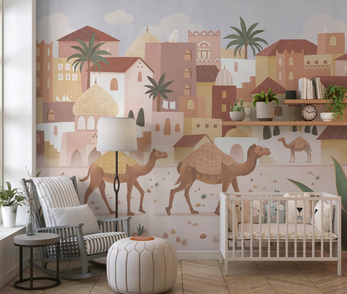 Camel desert wall mural in a nursery with palm trees and soft architecture