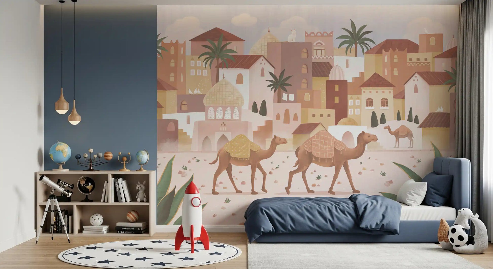 Camel wall mural with desert town, domes, and warm neutral tones