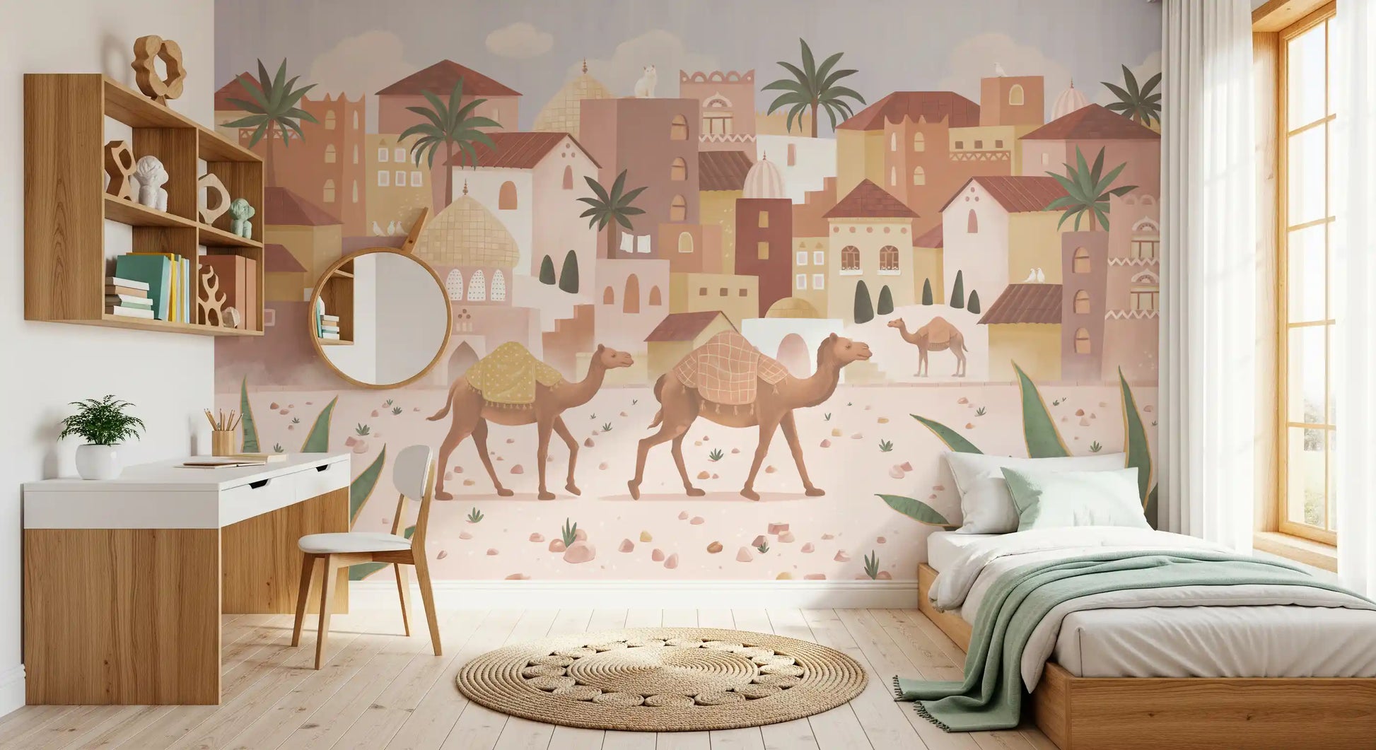 Desert city wall mural for a bedroom with domes, buildings, and sandy tones