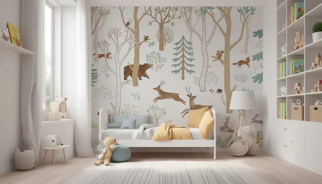 Frisky Forest Blue wall mural in a bedroom with woodland animals and blue trees