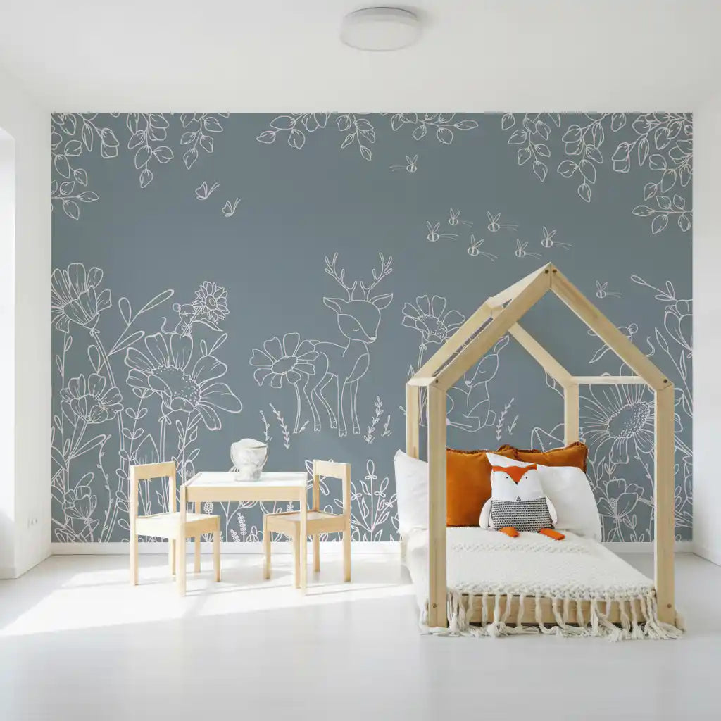 Woodland deer wall mural with soft blue background and botanical line art
