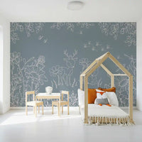 Woodland deer wall mural with soft blue background and botanical line art