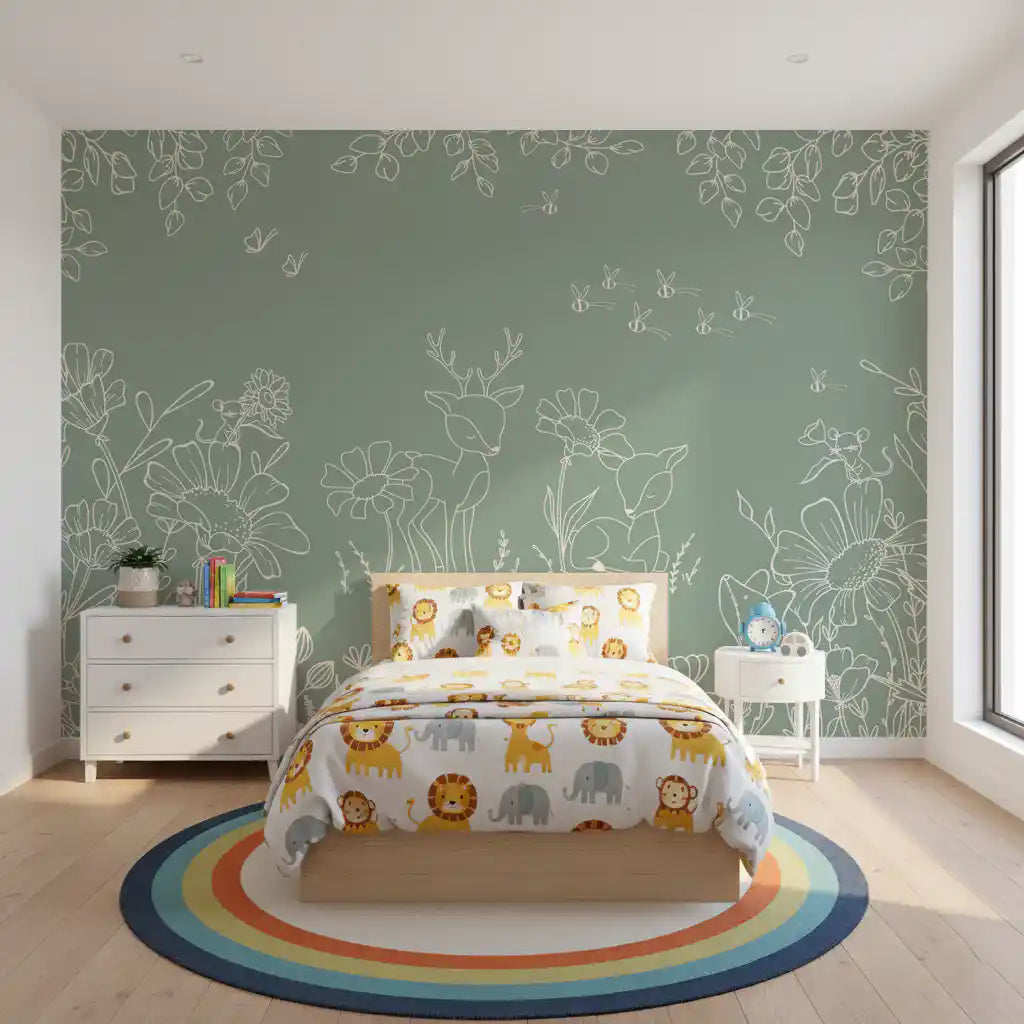 Deer Doodles Green wall mural in a study room with woodland line art