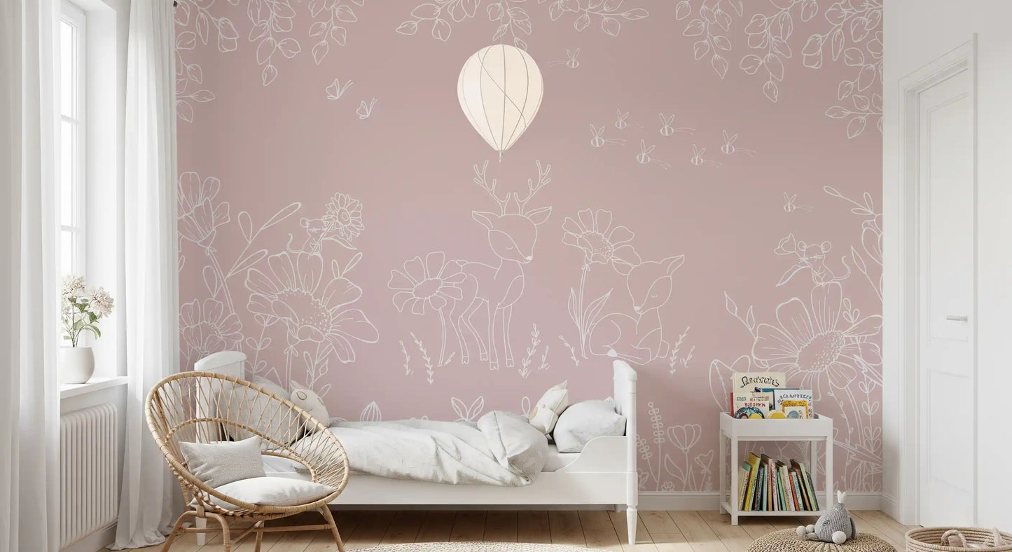 Soft pink deer floral wall mural doodle theme artwork