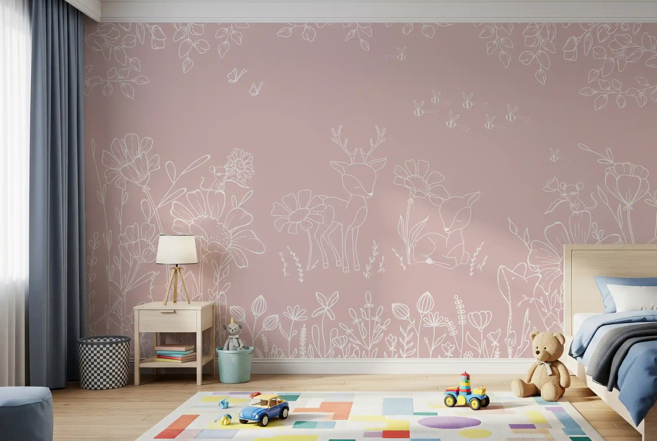 Pink deer doodle wall mural flowers woodland bedroom design