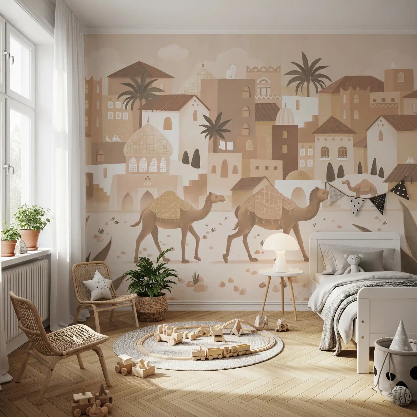 Mono camel desert wall mural town scene artwork