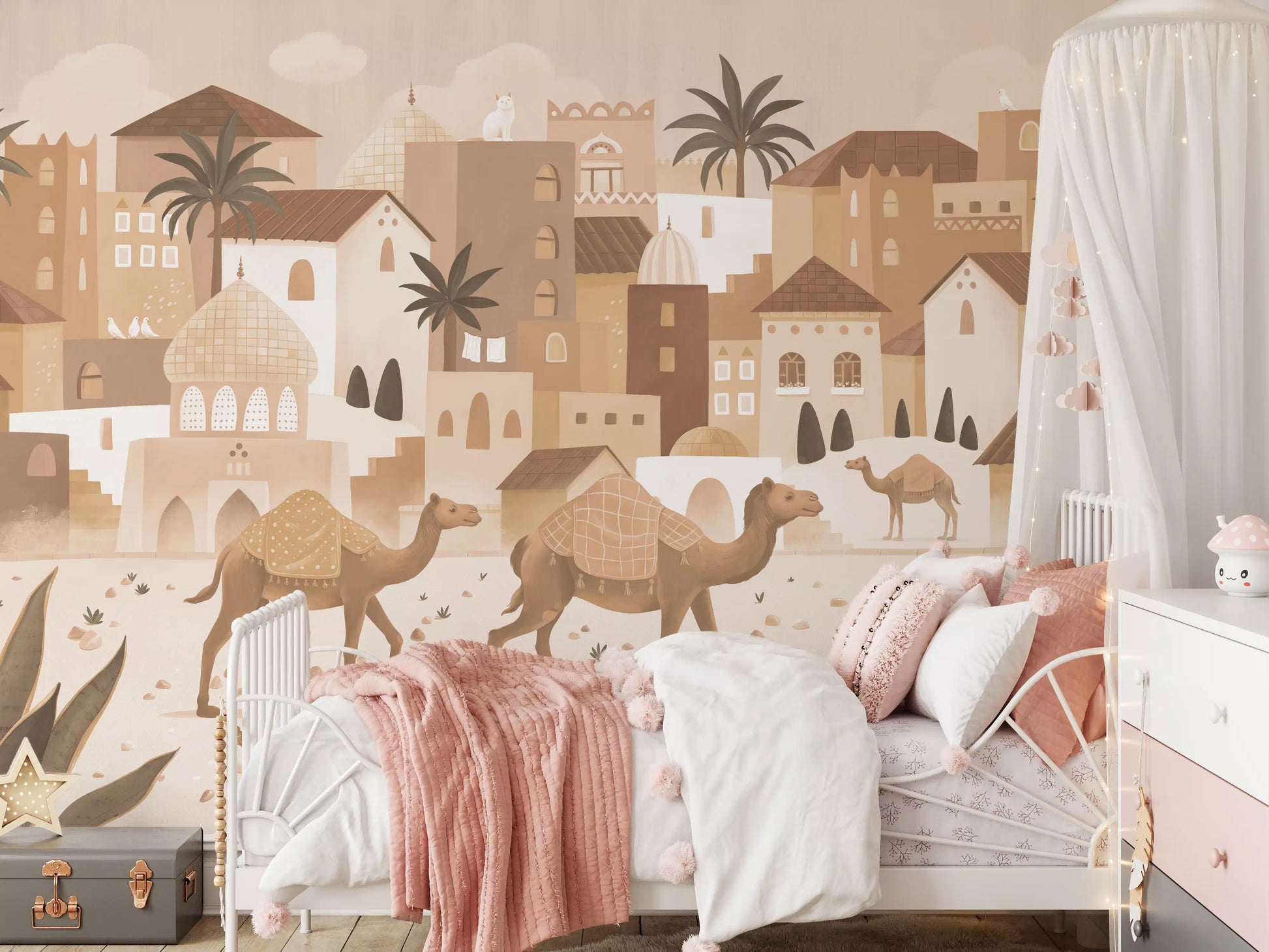 Mono desert village wall mural camel architecture design