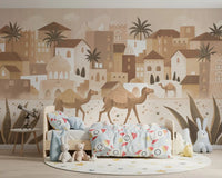 Desert theme wall mural mono camels buildings design
