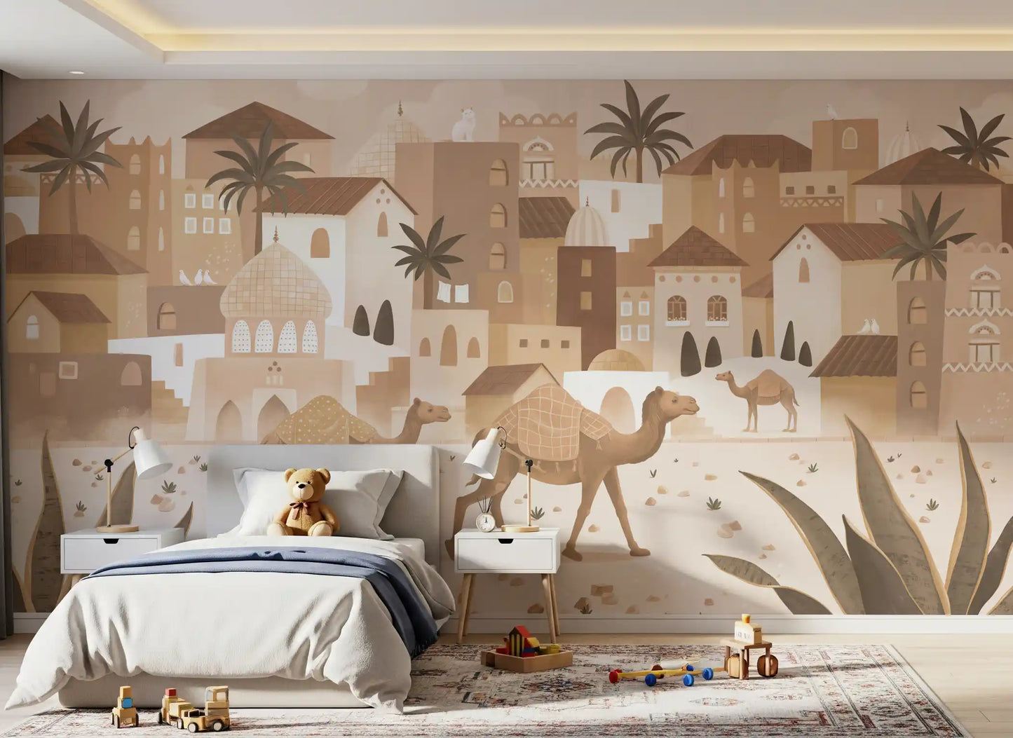 Mono desert scene wall mural camel town bedroom interior style