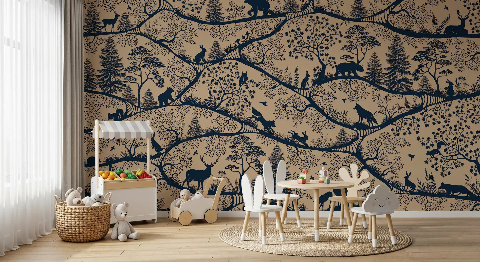 Nordic woodland wall mural beige blue forest illustration artwork