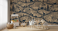 Nordic woodland wall mural beige blue forest illustration artwork